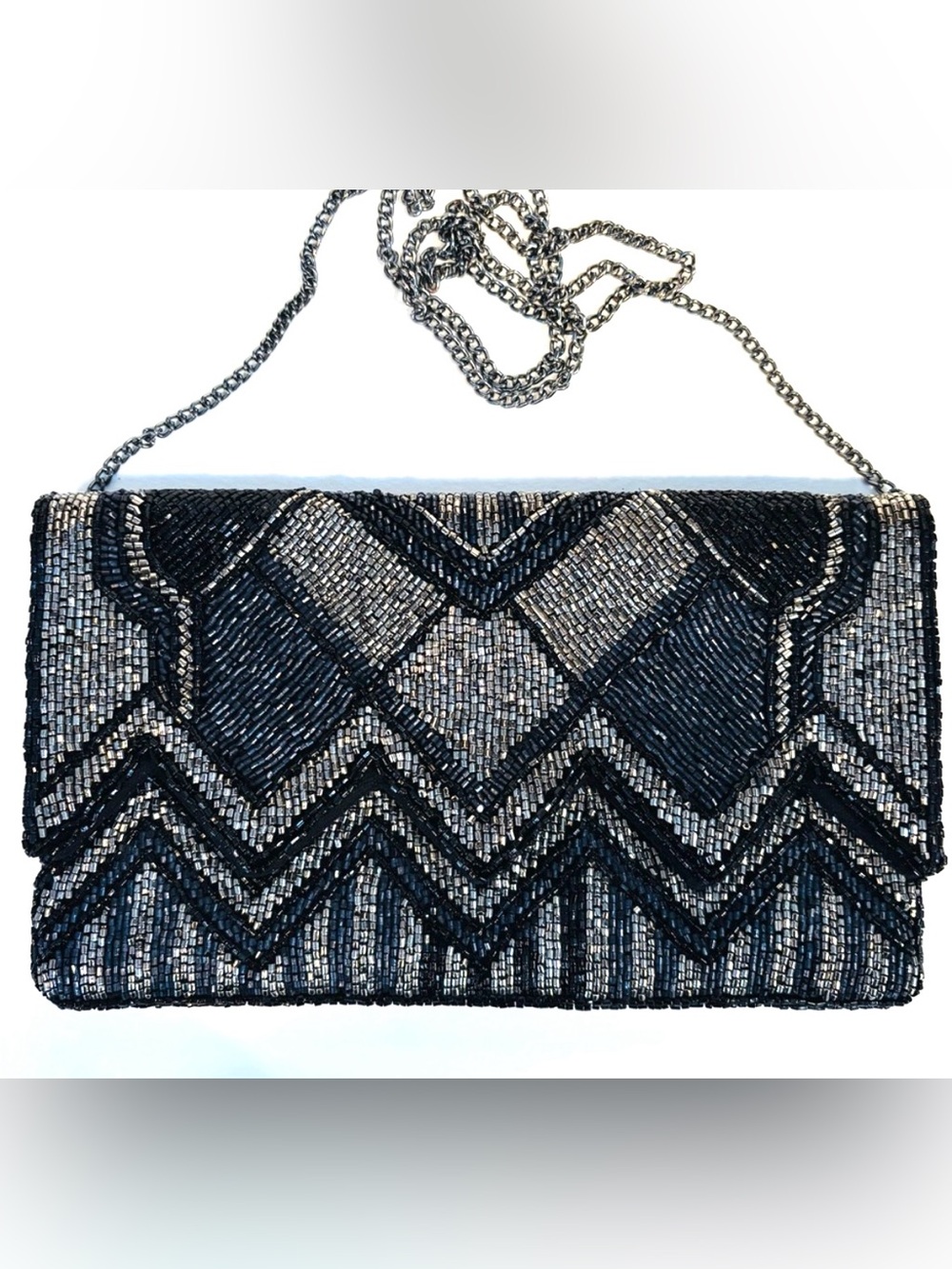Vintage Black and Silver Beaded Modern Graphic Clutch